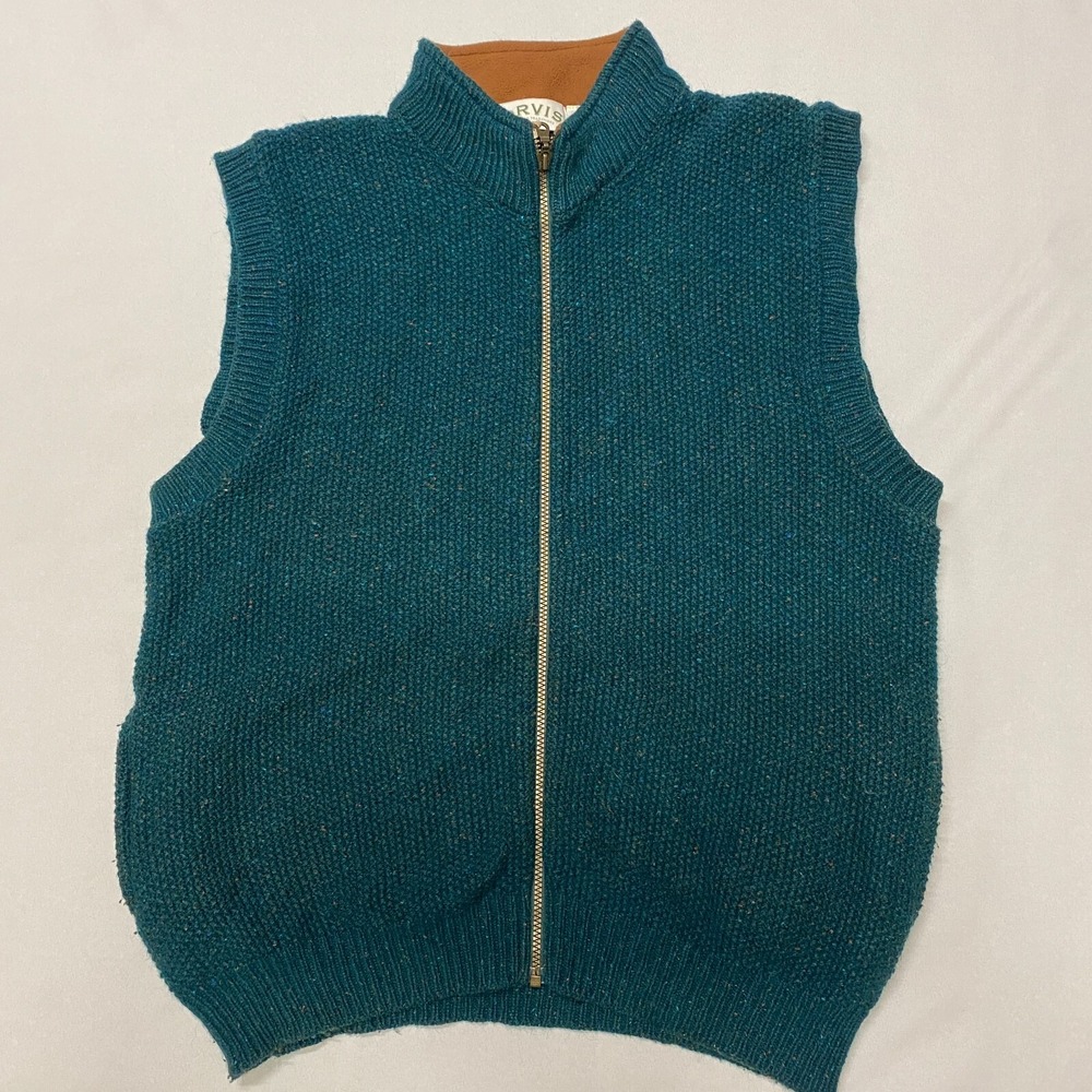 Orvis Wool Zip Vest Mens XL Green Mock Neck Pocket Outdoor Cabin Grandpa Forest